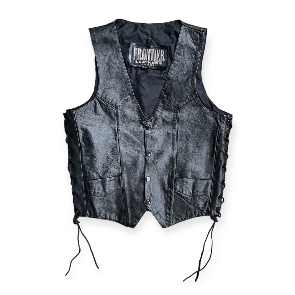 Frontier Leather Colorado Black Leather Motorcycle Vest w/Lace-Up Sides, sz 38